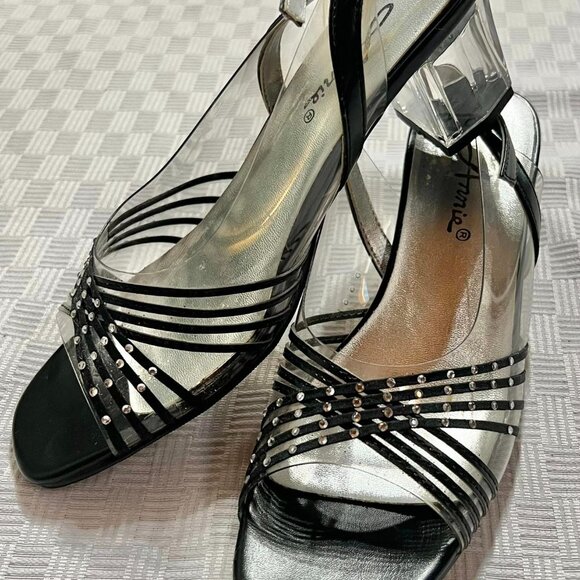 Size  7 Wide Annie Black & Clear High Heels with Silver Sole - Picture 2 of 10